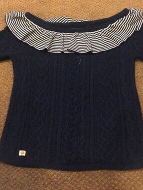 Ralph Lauren Girls Navy Sweater w Striped Ruffle